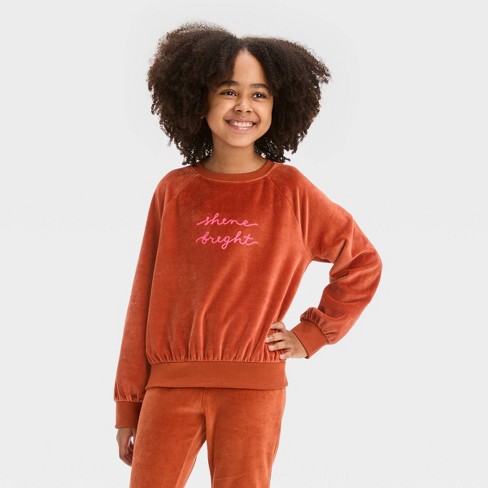 Girls Crew Neck Velour Pullover Sweatshirt Cat Jack Chestnut