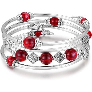 Beaded Pearl Bangle Wrap Bracelet with Thick Silver Metal Beads, Multilayer Bohemian Charm Jewelry for Women - 1 of 4