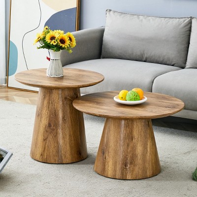 MDF Coffee Table Set Of 2,Coffee Table With Wood Grain Tabletop And Wood Base,Adjustable Feet,Wooden Round Coffee Table-Cuddlewood