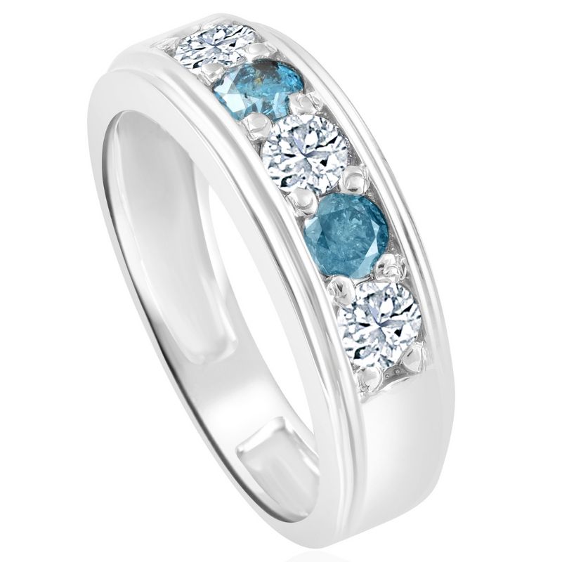 Pompeii3 1 Ct T.W. Blue & White Diamond Mens Wedding Ring 5-Stone Anniversary White Gold, 2 of 6