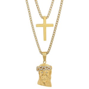 Steeltime Men's stainless steel double layered cross and jesus with simulated diamonds necklace. Color Options: Silver, Gold - 1 of 4