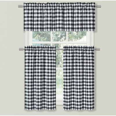 Kate Aurora Country Farmhouse Black & White Gingham Checkered Plaid Kitchen Curtain Tier & Valance Set - 58 in. W x 36 in. L