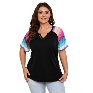 YESFASHION Women Plus Size Blouse Short Sleeve Color Block Top Notched Collar Raglan Shirt - 1 of 4