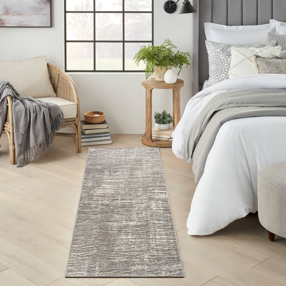 Photos - Area Rug Nourison 2'2"x7'6" Modern Abstract Sustainable Woven Runner Rug with Lines Gray: Indoor Medium Pile, OEKO-TEX Certified 