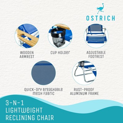 Blue Aluminum Folding Beach Chair with Wooden Armrests and Cushions
