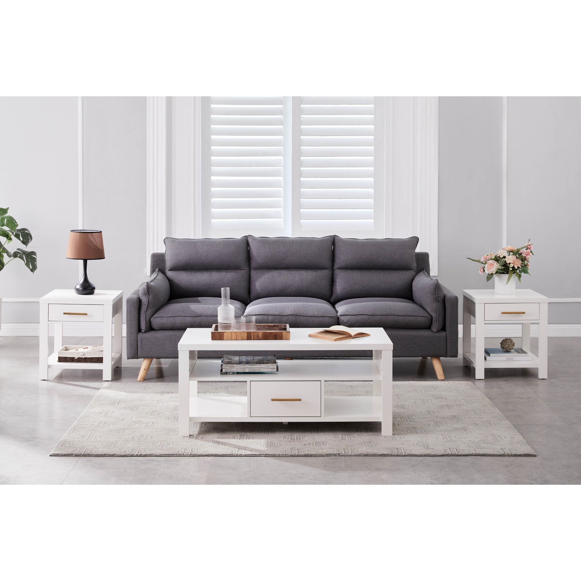 Kings Brand Furniture Sendero 3-Piece Occasional Table Set, Modern Coffee Table with Side Table Set, White