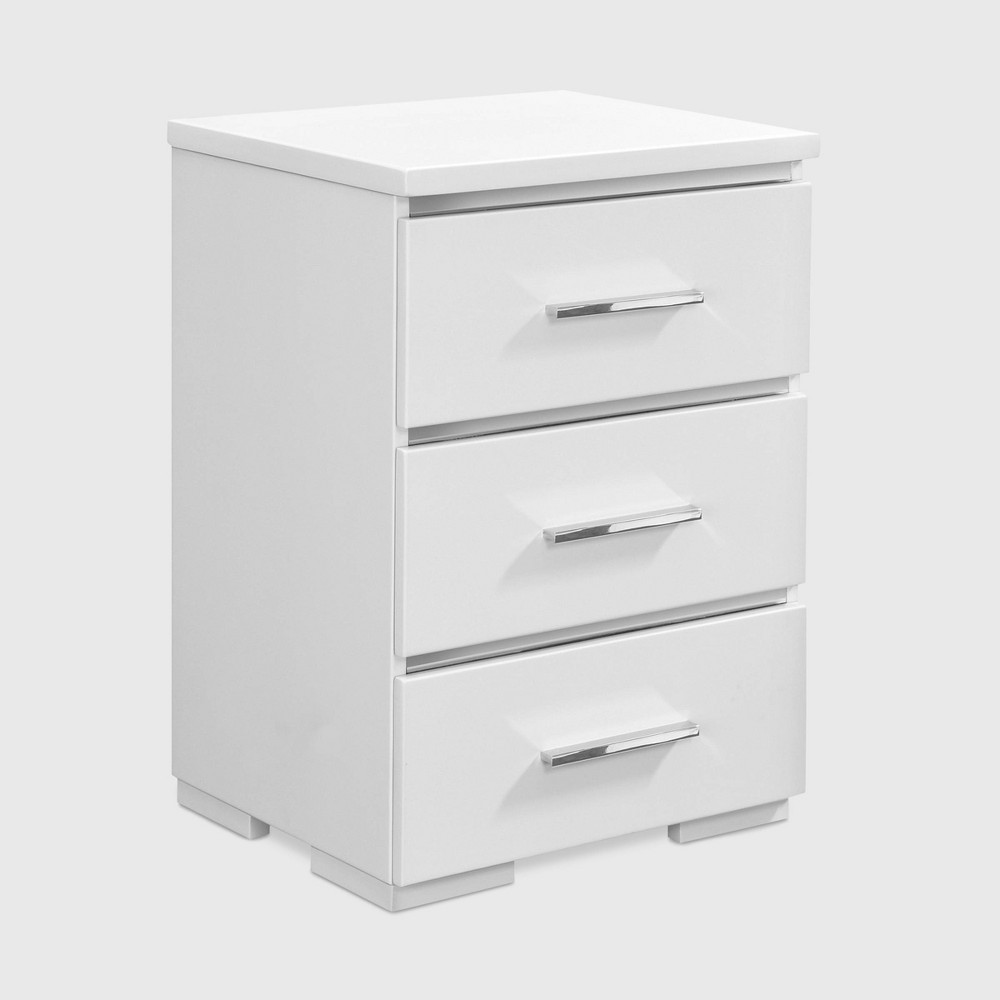 Belmont 3 Drawer Nightstand White - Finch: Mirrored Accents, Chrome Pulls, Rubberwood Surface, No Assembly Required