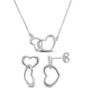 EVERLY JEWELRY | Silver Double Heart Charm Necklace and Drop Earrings set -17.5 in-Multiple Metal Color Option - 1 of 4