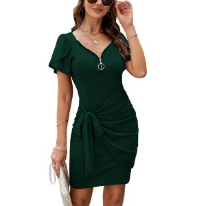Women's Sexy Zipper V Neck Short Sleeve Faux Wrap Ruched Bodycon Sheath Cocktail Party Work Dress Slim Fit Elegant Wedding Guest Dresses - 1 of 4