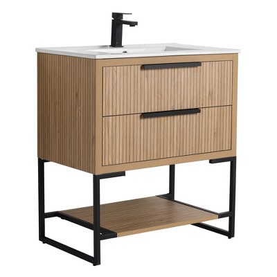 Kingsford Grooved-Look Bathroom Vanity in Bright Oak with White Ceramic Sink
