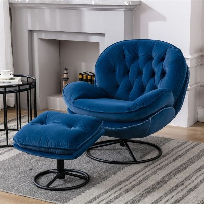 CAVINAS Modern Velvet Accent Chair with Ottoman, Armless Upholstered Lounge Chair with Black Metal Legs for Living Room or Bedroom