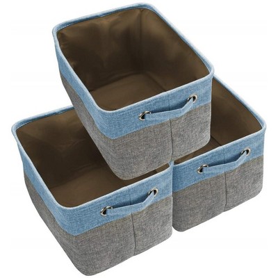 Aqua and Gray Fabric Collapsible Storage Bins with Handles, Set of 3