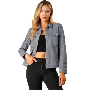 INSPIRE CHIC Women's Turn-Down Collar Flap Pockets Snap Button Faux Suede Jacket - 1 of 4