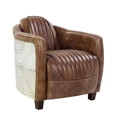 Retro Brown Top Grain Leather and Aluminum Accent Chair