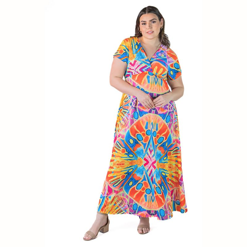 24seven Comfort Apparel Plus Size Multicolor Print V Neck Cap Sleeve Flowy Empire Waist Maxi Dress, 5 of 7