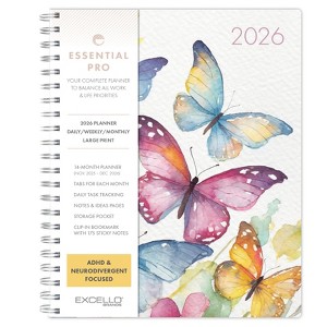 Essential PRO 2026 Daily/Weekly/Monthly Planner, 8.5"x11" 14 Mon (Nov 2025-Dec 2026) Tabs,Notes Pages,Storage Pocket,Bookmark (Watercolor Butterflies) - 1 of 4