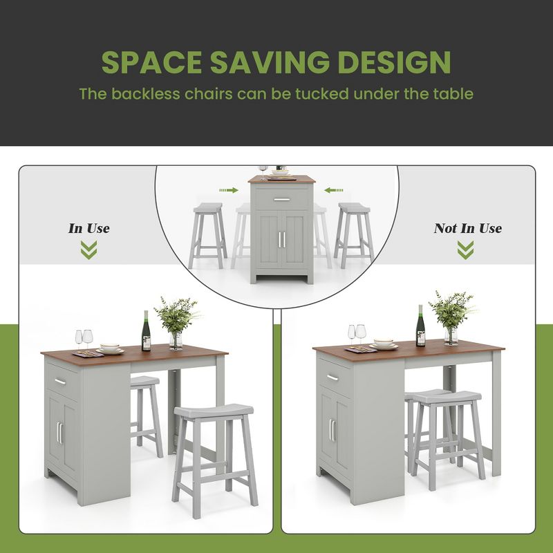 Costway 3 Pieces Bar Table Set Pub Dining Table with Saddle Stools & Storage Cabinet Grey, 4 of 8