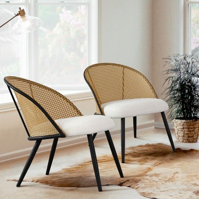 Jules Mesh Rattan Backrest Accent Chair with Black Metal Base, Modern Upholstered Bouclé Fabric Armless Chair for Living Room, Bedroom - Maison Boucle