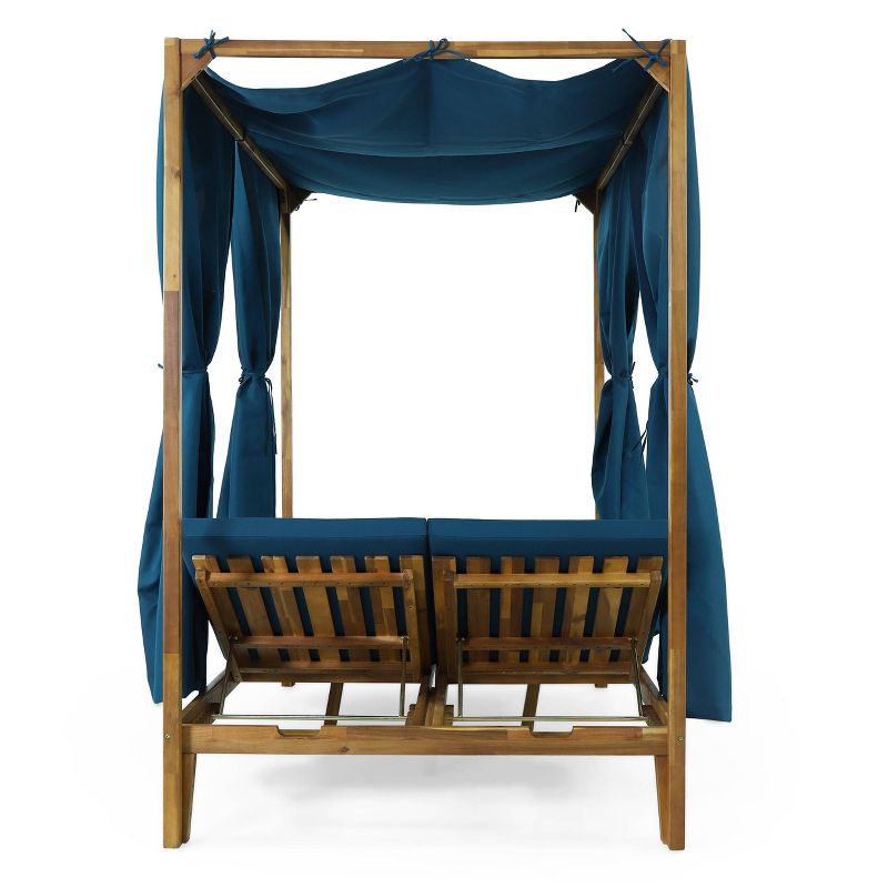 Kinzie Outdoor 2 Seater Adjustable Acacia Wood Daybed with Curtains - Teak/Blue - Christopher Knight Home, 6 of 10
