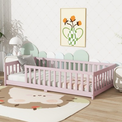 Lycvki Twin Size Floor Bed with Fence without Door, Rubber Wood Floor Bed with Safety Guardrails