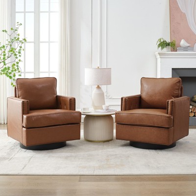 Hyleory Swivel Barrel Chair,31.9" W Modern Leather Accent Chairs Upholstered Comfy 360 Degree Swivel Club Sofa Chair for Living Room(set of 2)