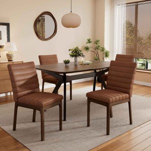 5 PCS Mid-Century Modern Style Dining Set, Channel-Stitched Chairs with Rubberwood Frame, Rubberwood Table with Metal Frame-Coolbibila - 1 of 4