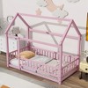 Whisen Twin Size Floor Wooden Bed with House-shaped Roof Frame and Fence Guardrails - 3 of 4