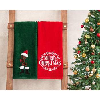 American Soft Linen Christmas Towels Bathroom Set, 2 Packed Embroidered Decorative 100% Cotton Hand Towels, Dish Towels for Decor Xmas