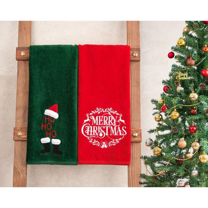 American Soft Linen Christmas Towels Bathroom Set, 2 Packed Embroidered Decorative 100% Cotton Hand Towels, Dish Towels for Decor Xmas, 1 of 6