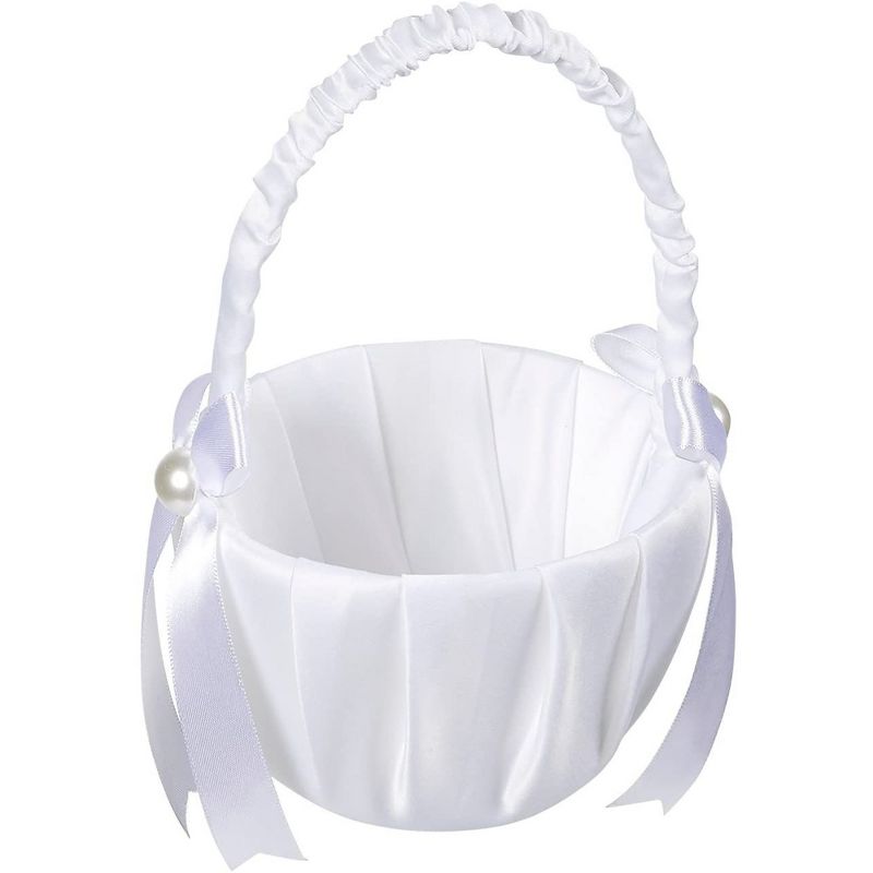 Juvale White Flower Girl Basket for Weddings - Flower Pedal Basket in Satin Bowknot and Pearl Design (8 x 5.2 x 6 In), 4 of 8