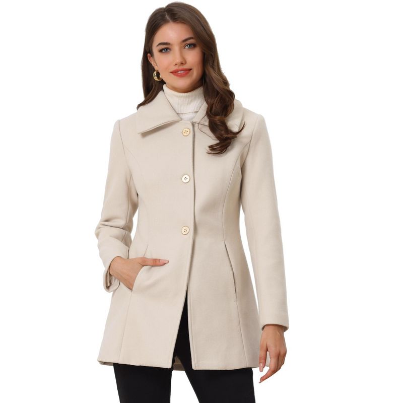 Allegra K Women's Turn Down Collar A-Line Single-Breasted Winter Overcoat with Pockets, 1 of 6