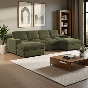 122" Corduroy U-Shaped Sectional Sofa with Deep Seats & Ottomans - 1 of 4