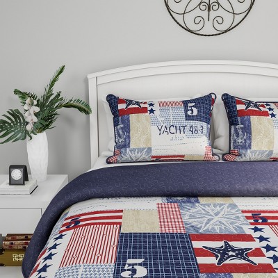 King Blue Microfiber Reversible Nautical Americana Quilt Set