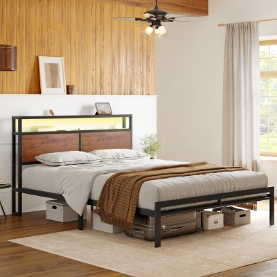 WOWLIVE Twin/Full/Queen/King Bed Frame with Outlets & LED Lights, Metal Bed Frame with Storage Headboard, No Spring Box Needed