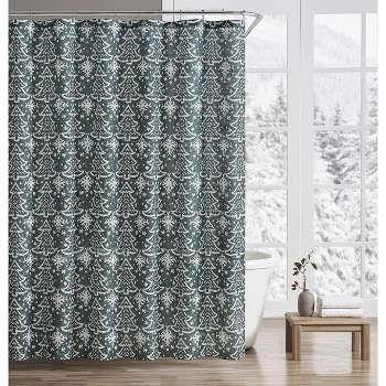Kate Aurora Tis The Season Winter Christmas Trees & Snowflakes Green Fabric Shower Curtain - Standard Size