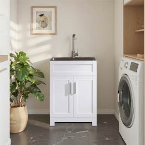 Wooakway 24" White Laundry Utility Cabinet with Stainless Steel Sink - 1 of 4