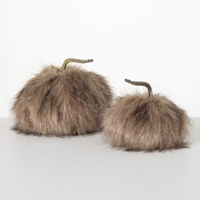 8.25"H and 6.5"H Sullivans Plush Faux Fur Pumpkin - Set of 2, Fall Decor, Gray