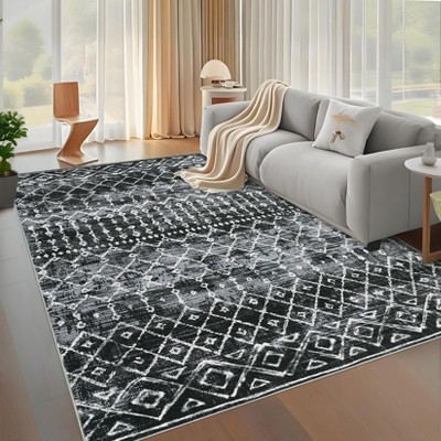 Washable Vintage Geometric Rug Non Slip Low Pile Rug Soft Floor Cover Foldable Indoor Carpet for Living Room Bedroom Playroom Office