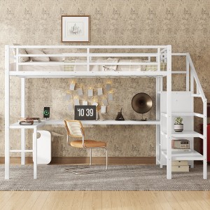 Bellemave Full Size Loft Bed with Staircase, L-shaped Desk and Wardrobe, Metal LED Loft Bed Frame£¬ White - 1 of 4