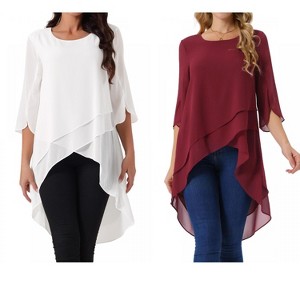 INSPIRE CHIC Women's High Low Hem Scoop Neck Asymmetrical 3/4 Sleeve Summer Top 2 Packs - 1 of 4