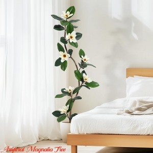 Artificial Magnolia Tree, 5ft/6ft/7ft Tall Fake Plants w/ White Planters, Artificial Plants Indoor w/ 7/8 Pcs Magnolia Flowers - 1 of 4