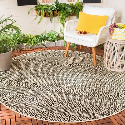 Beige and Black 4' Round Geometric Indoor/Outdoor Rug