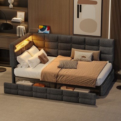 Daybed with Storage Drawers,Charging Station,LED Headboard,Twin Size Upholstered Frame for Teens or Guests-Maison Boucle
