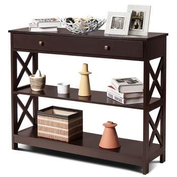 Costway 3-Tier Console Table X-Design Sofa Entryway Table with Drawer & Shelves Gray\ Espresso