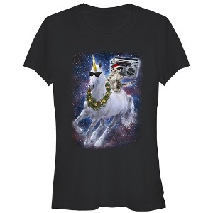 Juniors Womens Lost Gods Ugly Christmas Boombox Cat Unicorn T-Shirt - 1 of 3