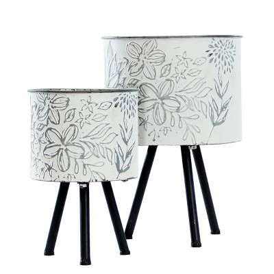 VIP Metal 15 in. White Embossed Floral Planters Set of 2