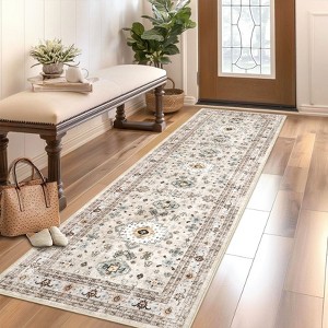 Machine Washable Area Rug Non Slip Backing Rug Vintage Oriental Low Pile Rugs Foldable Floral Print ed Accent Carpet for Bedroom Living Room - 1 of 4