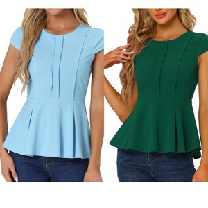 INSPIRE CHIC Women's Elegant Round Neck Cap Sleeve Solid Color Peplum Blouses 2 Packs - 1 of 4