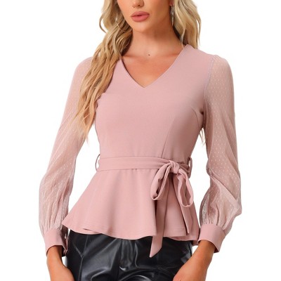 INSPIRE CHIC Women's Tie Waist Peplum Ruffle Hem Party V Neck Mesh Long Sleeve Blouse
