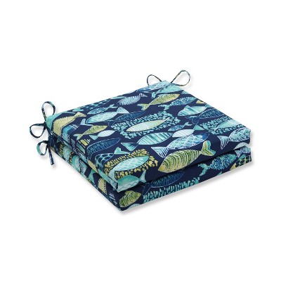 20" x 20" x 3" 2pk Hooked Lagoon Squared Corners Outdoor Seat Cushions Blue - Pillow Perfect